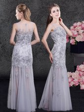 Shining Scoop Floor Length Column/Sheath Sleeveless Grey Homecoming Dress Zipper
