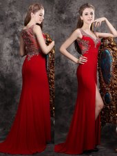 Decent Red Zipper Prom Party Dress Appliques Sleeveless With Brush Train