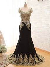 Sumptuous Black A-line Elastic Woven Satin Scoop Sleeveless Beading and Appliques With Train Side Zipper Brush Train