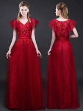 Lace Wine Red Zipper Appliques and Belt Short Sleeves Floor Length