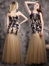 Mermaid Scoop Champagne Side Zipper Prom Party Dress Lace and Appliques Sleeveless Floor Length