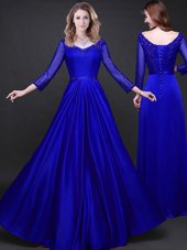 Beauteous Floor Length Royal Blue Prom Gown Elastic Woven Satin Long Sleeves Appliques and Belt