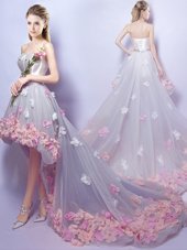 Shining Grey A-line Appliques Pageant Dress Toddler Lace Up Tulle Sleeveless High Low