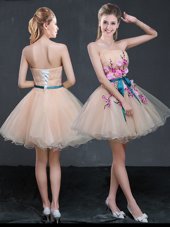 Peach Sleeveless Mini Length Appliques and Belt Lace Up Party Dress for Girls