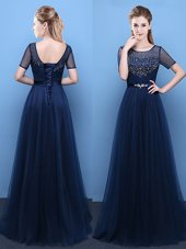 Tulle Scoop Short Sleeves Lace Up Beading Prom Party Dress in Navy Blue