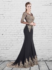 Simple Mermaid Black Lace Up Scoop Appliques Prom Party Dress Elastic Woven Satin Long Sleeves Brush Train