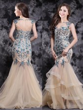 Mermaid Sleeveless Brush Train Appliques and Ruffles Zipper High School Pageant Dress