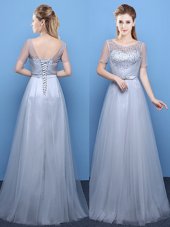 Scoop Short Sleeves Floor Length Beading Lace Up Prom Evening Gown with Grey