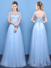 Exceptional Scoop Floor Length Empire Short Sleeves Light Blue Dress for Prom Lace Up