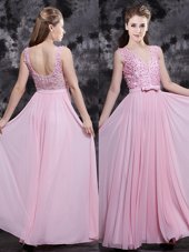 Baby Pink Side Zipper Prom Gown Appliques and Bowknot Sleeveless Floor Length