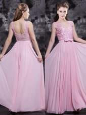 Baby Pink Side Zipper Prom Gown Appliques and Bowknot Sleeveless Floor Length