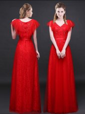 Tulle and Lace V-neck Short Sleeves Zipper Appliques and Belt Evening Dress in Red