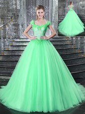Straps Straps With Train Lace Up Sweet 16 Dresses Apple Green and In for Military Ball and Sweet 16 and Quinceanera with Beading and Appliques Brush Train