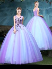 Fashionable Tulle V-neck Sleeveless Lace Up Appliques Quinceanera Gowns in Blue and Lilac