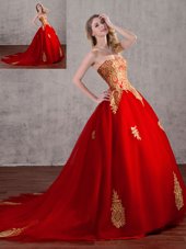 Custom Designed Tulle Strapless Sleeveless Court Train Lace Up Appliques 15 Quinceanera Dress in Red