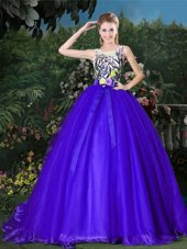 Dramatic Blue Scoop Neckline Appliques and Belt 15th Birthday Dress Sleeveless Zipper