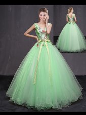 Admirable Apple Green Sleeveless Floor Length Appliques and Belt Lace Up Sweet 16 Dress