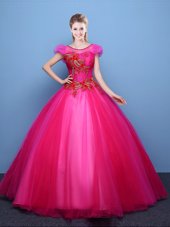 Edgy Multi-color Ball Gowns V-neck Sleeveless Tulle Floor Length Lace Up Appliques Quinceanera Gowns