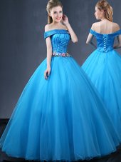 Graceful Off the Shoulder Baby Blue Sleeveless Beading and Appliques Floor Length Quinceanera Gown