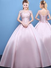 Dazzling Scoop Cap Sleeves Satin Quinceanera Gown Appliques Lace Up