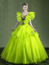 Vintage Scoop Aqua Blue Quinceanera Gowns Tulle Brush Train Half Sleeves Appliques