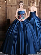 High End Floor Length Navy Blue Sweet 16 Dress Satin Sleeveless Appliques