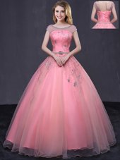 Watermelon Red Scoop Neckline Beading and Belt Quinceanera Gowns Cap Sleeves Lace Up