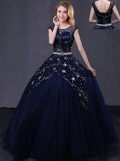 Extravagant Scoop Cap Sleeves Floor Length Beading and Belt Lace Up Quinceanera Dress with Navy Blue