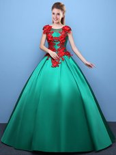 Nice Scoop Green Lace Up Sweet 16 Dresses Appliques Cap Sleeves Floor Length