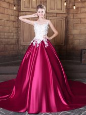 Hot Pink Scoop Neckline Lace and Appliques Ball Gown Prom Dress Sleeveless Lace Up