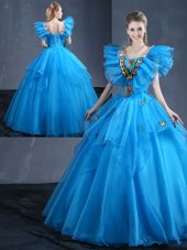 Trendy Appliques and Ruffles Sweet 16 Dress Baby Blue Lace Up Sleeveless Floor Length