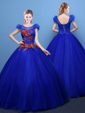 Custom Designed Scoop Royal Blue Short Sleeves Appliques Floor Length Quinceanera Gowns