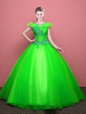 Scoop Coral Red Lace Up Sweet 16 Dresses Appliques Short Sleeves Floor Length