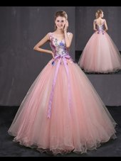 Exceptional Floor Length Baby Pink 15 Quinceanera Dress Tulle Sleeveless Appliques and Belt