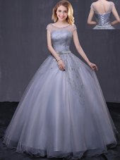 Superior Grey Ball Gowns Tulle Scoop Cap Sleeves Beading and Belt Floor Length Lace Up Quinceanera Dress