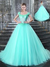 Adorable Aqua Blue Straps Neckline Beading and Appliques Sweet 16 Quinceanera Dress Sleeveless Lace Up