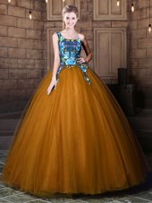 One Shoulder Brown Ball Gowns Pattern Quinceanera Dress Lace Up Tulle Sleeveless Floor Length