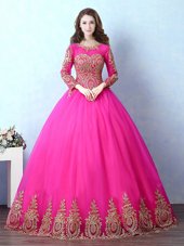 Excellent Scoop Long Sleeves Lace Up Sweet 16 Quinceanera Dress Fuchsia Tulle