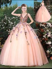 Peach Sleeveless Tulle Brush Train Lace Up Vestidos de Quinceanera for Military Ball and Sweet 16 and Quinceanera