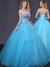 Scoop Sleeveless Tulle Floor Length Lace Up Vestidos de Quinceanera in Navy Blue for with Appliques