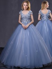 Scoop Short Sleeves Appliques Lace Up Vestidos de Quinceanera