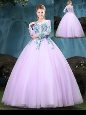 Exquisite Scoop Lilac Ball Gowns Appliques Quinceanera Gown Lace Up Tulle Long Sleeves Floor Length