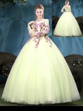 Dynamic Scoop Yellow Green Long Sleeves Appliques Floor Length Quince Ball Gowns