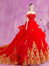 Flirting Off the Shoulder Sleeveless Tulle With Train Court Train Lace Up Sweet 16 Dresses in Red for with Beading and Appliques and Ruffles