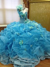 One Shoulder Blue Taffeta and Tulle Lace Up Vestidos de Quinceanera Sleeveless Floor Length Pick Ups and Hand Made Flower