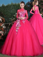 Artistic With Train Coral Red Sweet 16 Dress Tulle Brush Train Long Sleeves Appliques