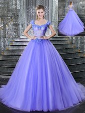 Free and Easy Straps Sleeveless Brush Train Lace Up Vestidos de Quinceanera Lavender Tulle