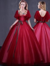 Scoop Sleeveless Brush Train Appliques Zipper Quinceanera Dresses