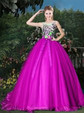 Clearance Scoop Ball Gowns Sleeveless Fuchsia Quinceanera Dress Brush Train Zipper