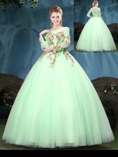 Scoop Long Sleeves Lace Up Quinceanera Gown Apple Green Tulle